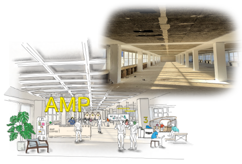 This image: an artist's sketch of the inside of Belgrave House could look, 
						alongside a photograph of the same space today, which is an empty shell.
						The map: the map shows an animated orange route leading from Emporium Way towards 
						the Amphitheatre and up Lady's Lane. The map shows the existing buildings in the area as three 
						dimensional blocks, with the enhanced and proposed buildings within the site 
						boundary highlighted in white. Belgrave House is highlighted in orange. There are 
						interactive markers, which show sketches and photographs of the building when clicked on.